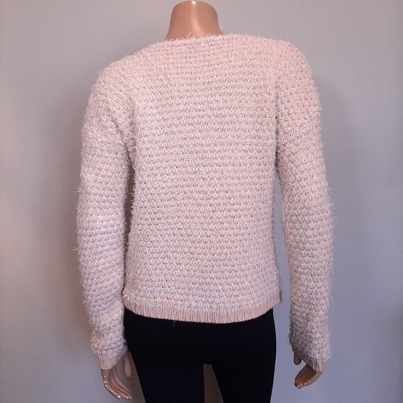 Silvian Heach Denim Fuzzy Peach Knit Vneck Sweater Womens Size XS Pink - Picture 3 of 10